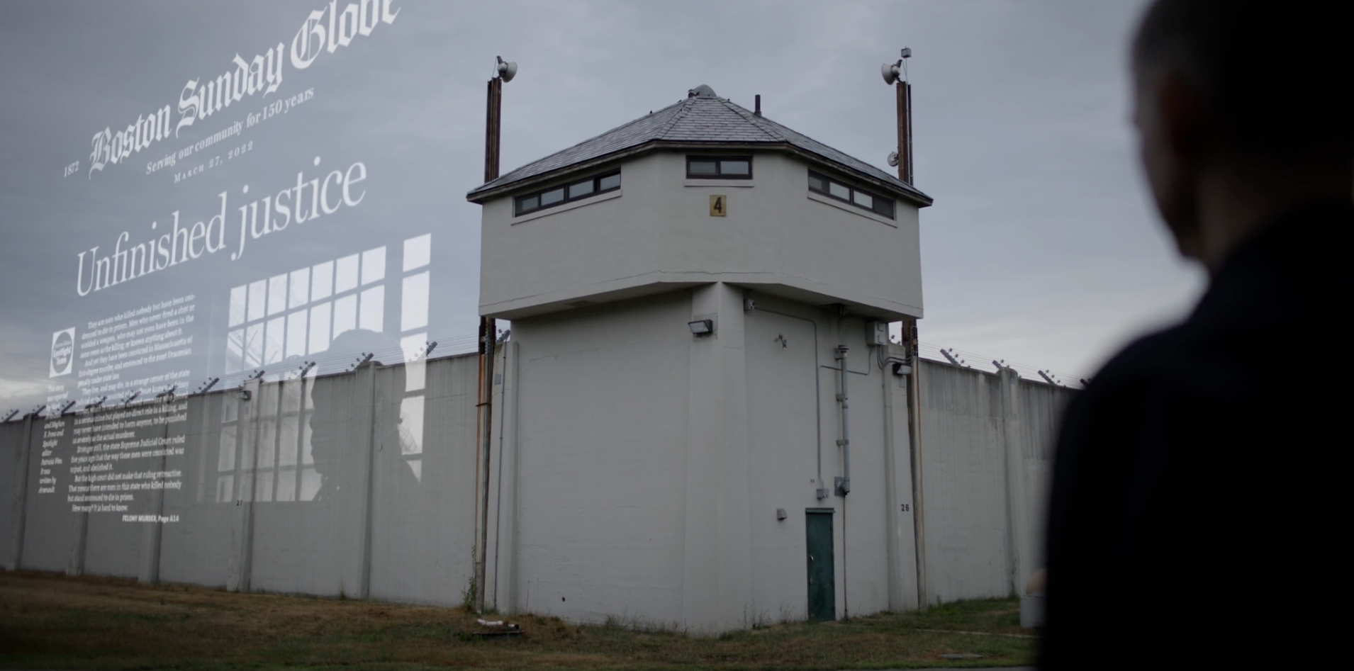 Image from Bearing Witness, Image of a story from Boston Sunday Globe overlayed over a prison 